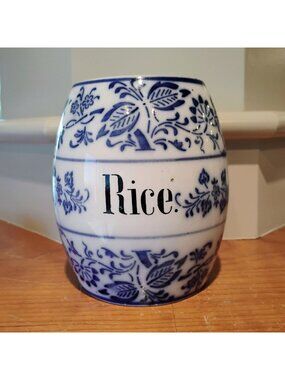Antique VTG German Stoneware Rice Blue Onion Porcelain Canister Jar Crock No Lid